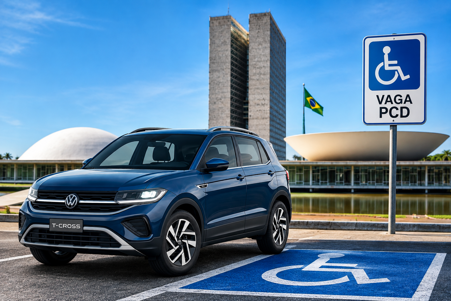 Carro com adesivo PcD e símbolo de acessibilidade.